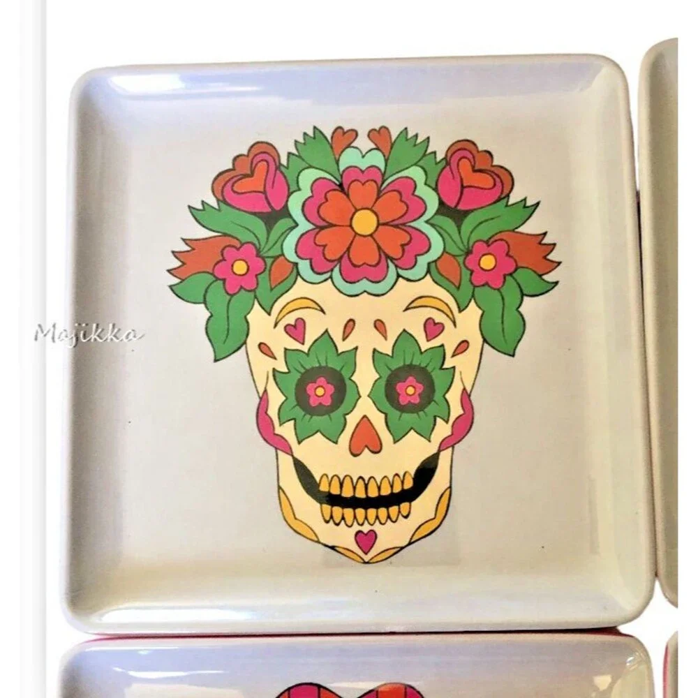 13th &Elm Day Of The Dead Skull Halloween Melamine Plates App Girl Boy Set Of 4